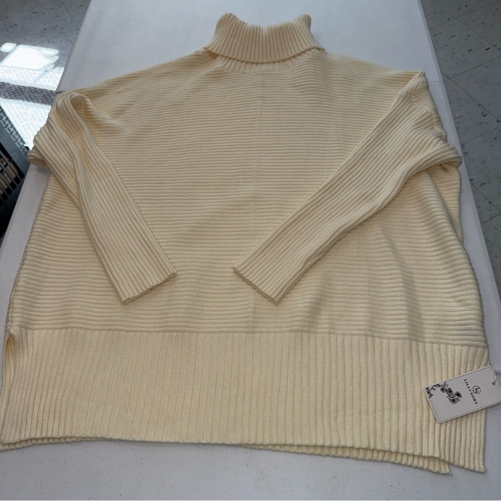 LILLUSORY Women Oversized‎ Turtleneck Fall Ivory Sleeve Ribbed Sweater XL Nwt